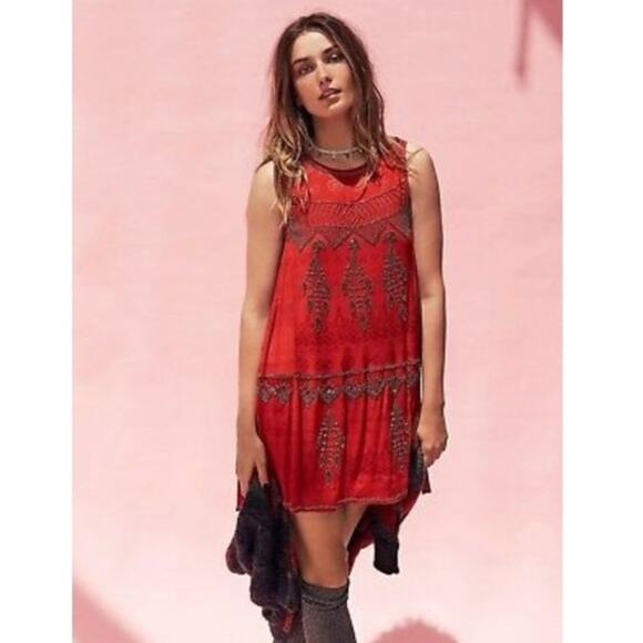 Free People Dresses & Skirts - Free People Red Beaded Sleeveless Swing Dress
